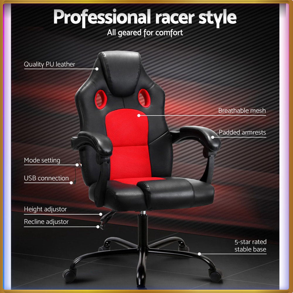 Artiss 2 Point Massage Gaming Office Chair PU Leather Red